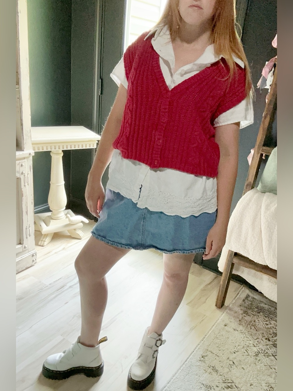 Westbound Red Cable-Knit Sleeveless Button-Front Cardigan Vest